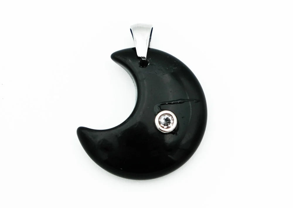 Pendant Moon CZ Black Obsidian