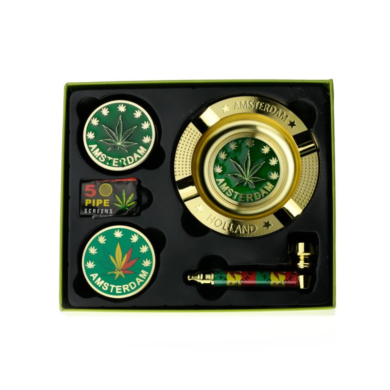 Amsterdam 5 in 1 Smoking Gift Set Metal Green Leaves Accessory