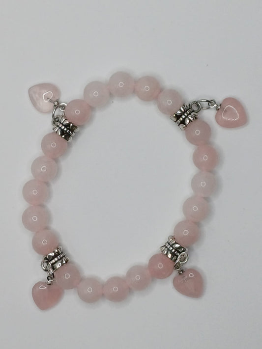CRYSTAL BEAD BRACELET 4 hearts rose quartz